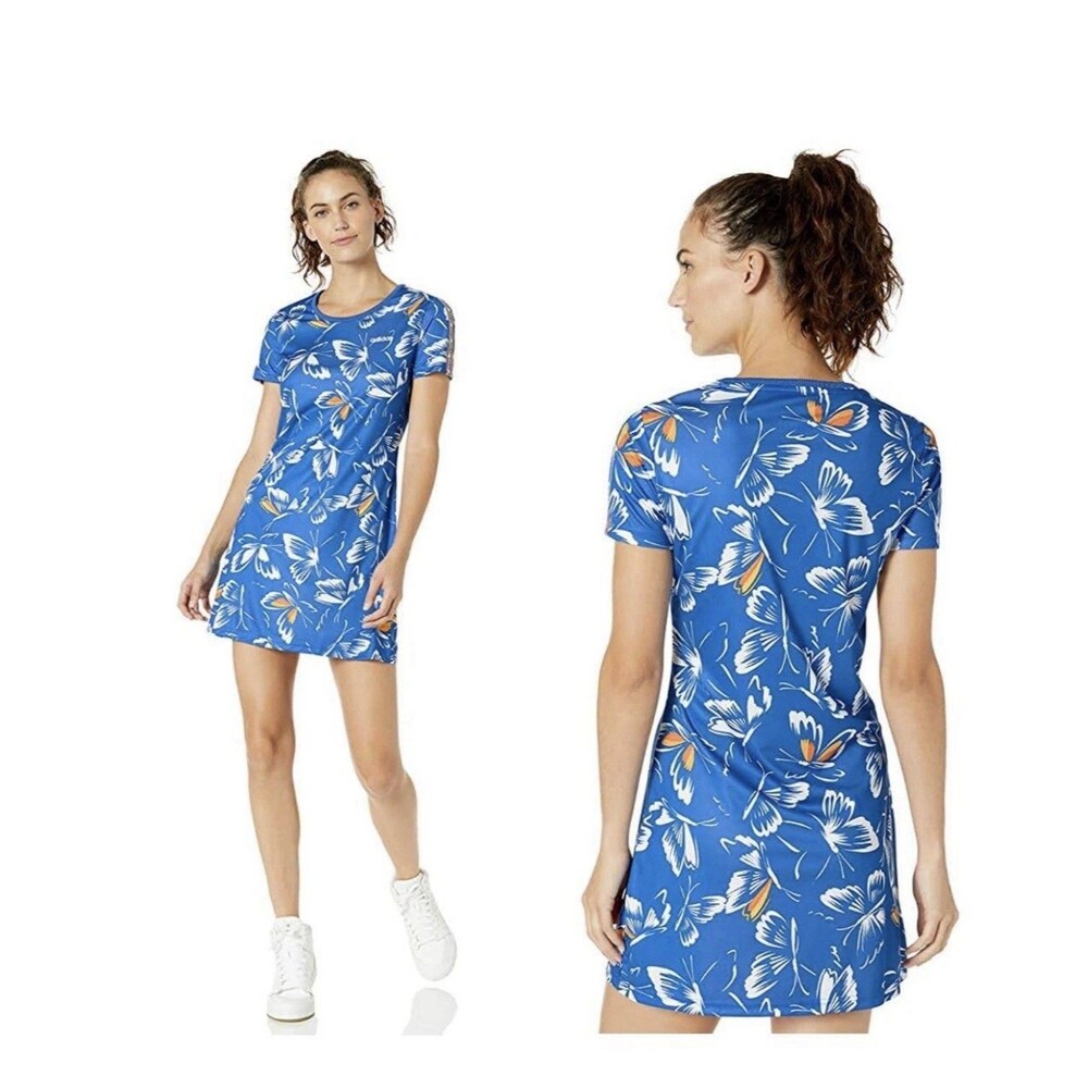 adidas x Farm Rio Size Large Butterfly Print Mini Dress Blue Short Sleeves Scoop